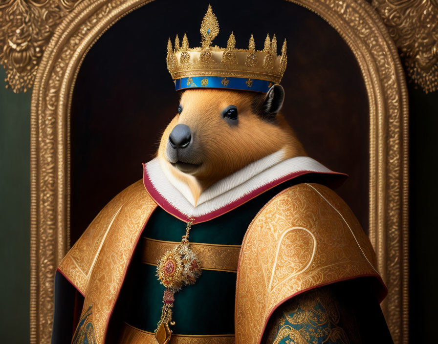 Regal capybara in crown and robe against ornate frame