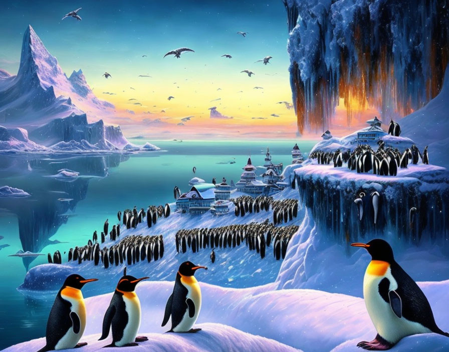 Fantasy icy landscape with penguins, glowing structures, sunset sky, birds