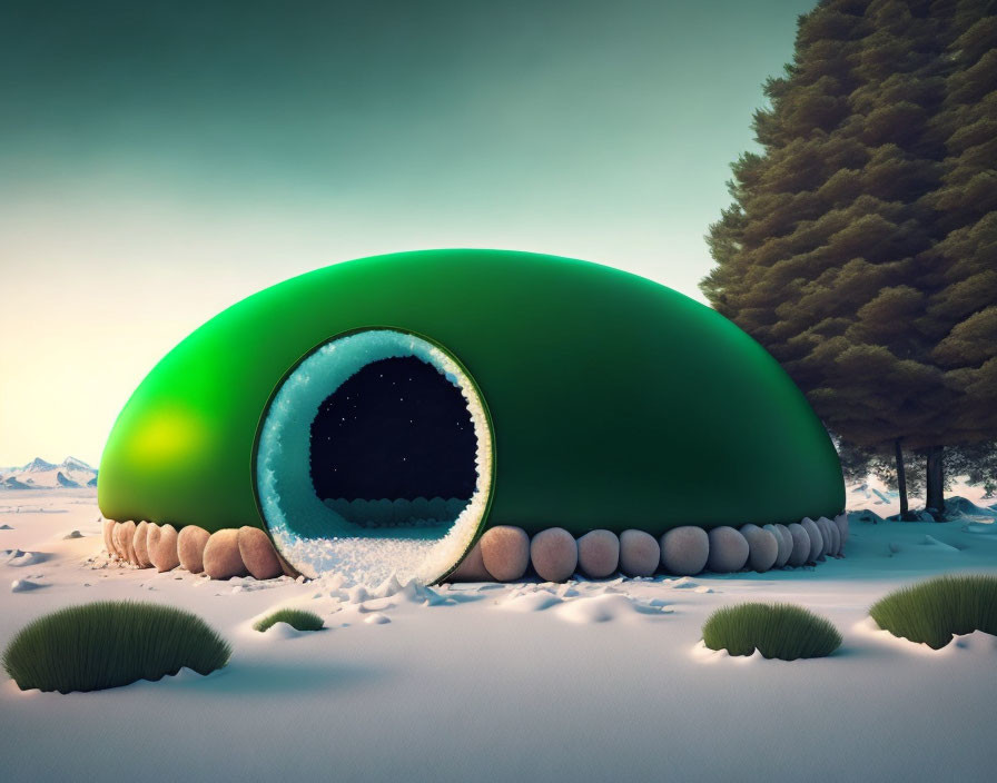 Futuristic green dome house in snowy landscape