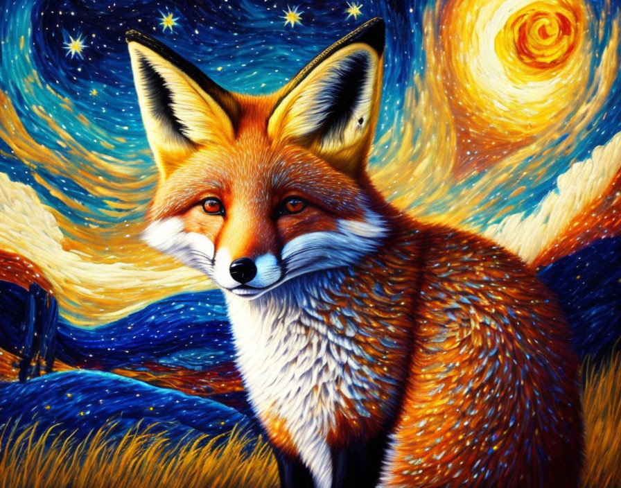 Colorful Fox Painting with Starry Night Backdrop