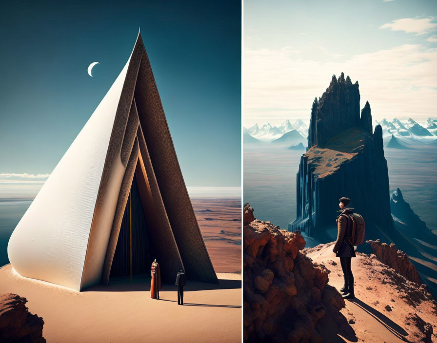 Split futuristic desert landscapes with monolithic structures and person by triangular building