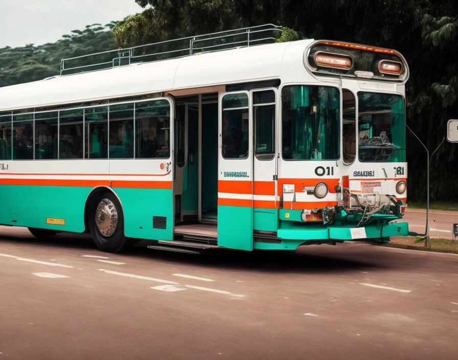 Vintage White and Orange Bus with Number 011: Classic Design, Retro Headlights, Side-Mount