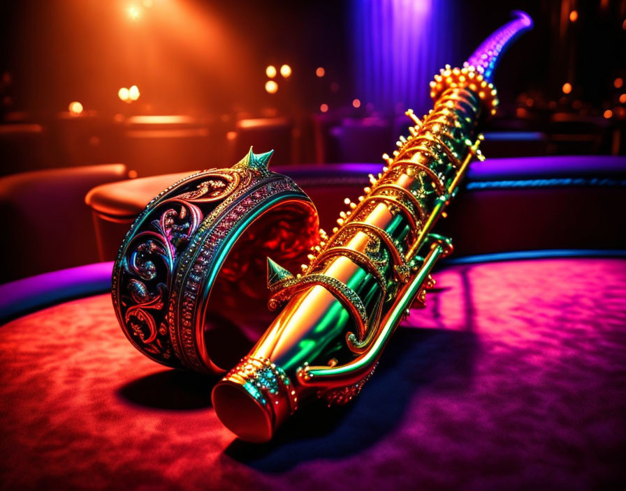 Ornate saxophone on red velvet under warm stage lighting