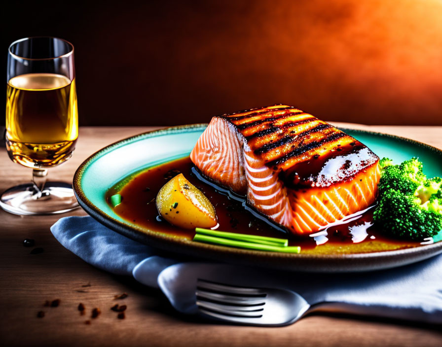 Grilled salmon fillet with lemon, broccoli, sauce, white wine, and fork.