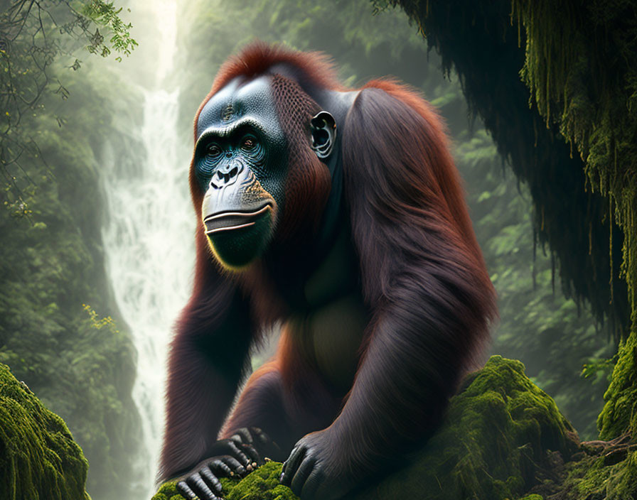 Pensive orangutan in lush jungle with waterfall