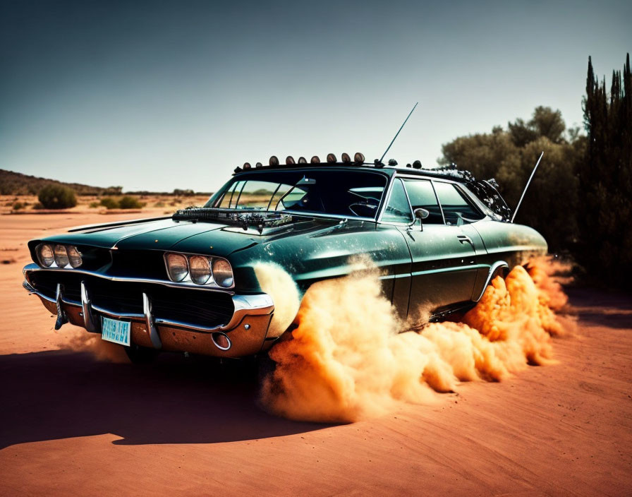 Modified vintage car creating dust cloud in desert drive