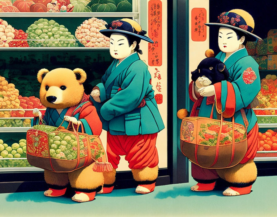 Traditional Japanese women and bear outside colorful fruit shop with shopping bags