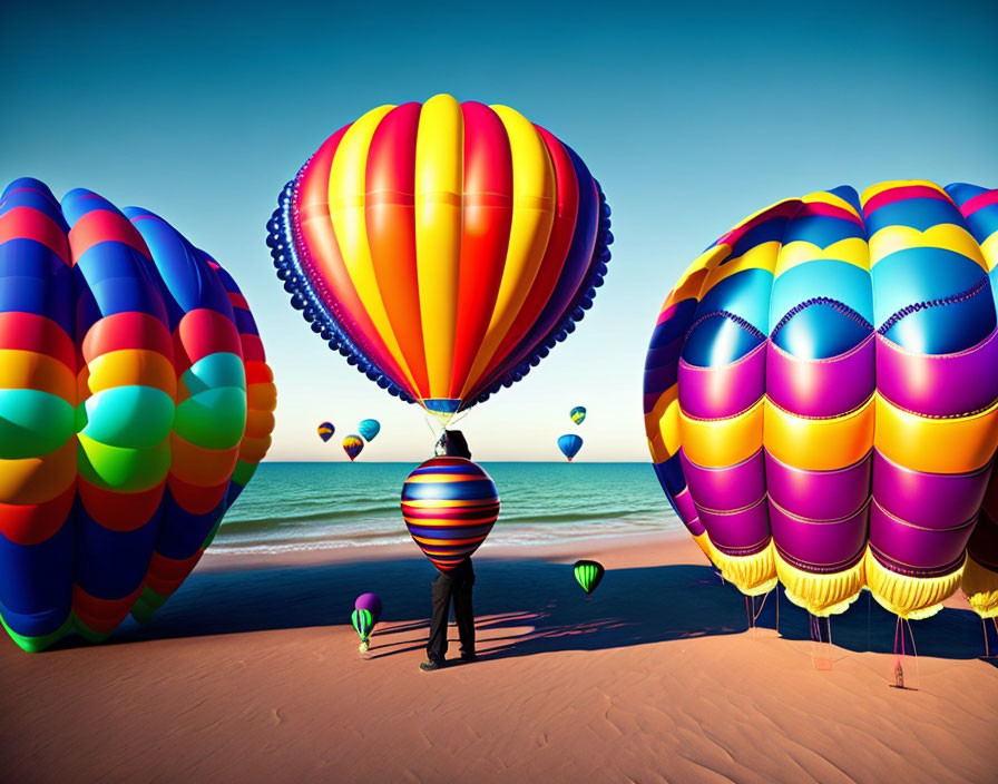 Vibrant hot air balloons on sandy beach under clear blue sky