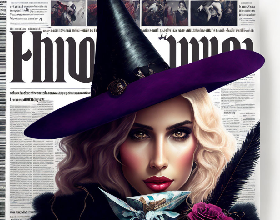 Blonde woman in witch hat with skull on newspaper background