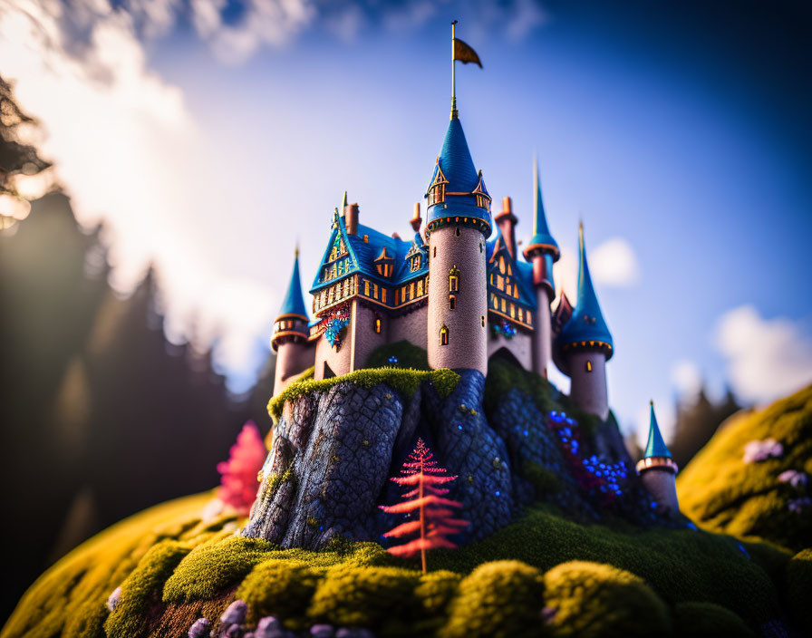 Miniature fairy tale castle on mossy hill with vibrant trees and blurred sky