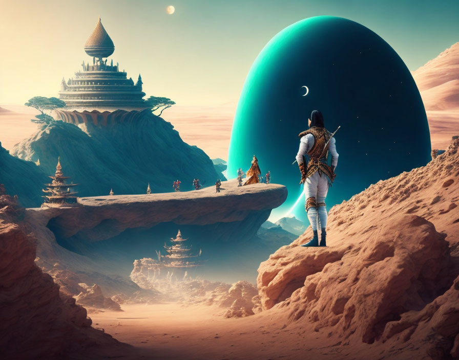 Futuristic figure gazes at mysterious sphere in alien desert landscape