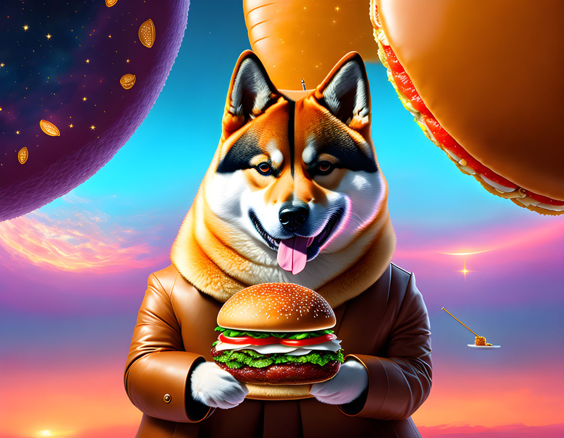 Stylized Shiba Inu Dog in Leather Jacket with Hamburger and Fantastical Sky