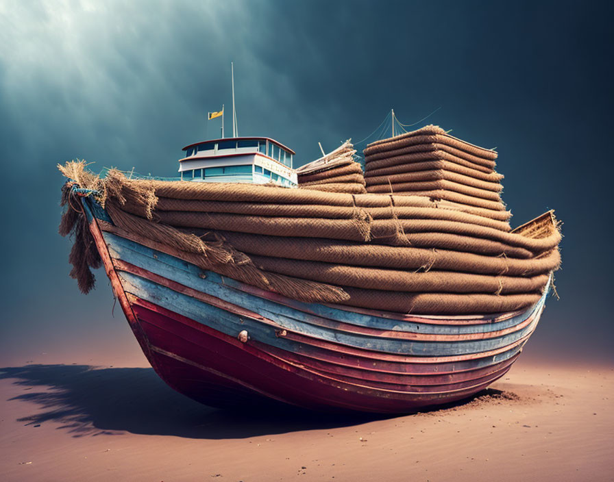 Wooden Boat Stranded on Sandy Surface Under Overcast Sky