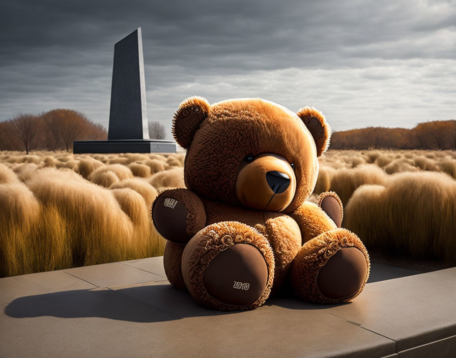 Plush teddy bear on sleek surface with golden field and monument against cloudy sky