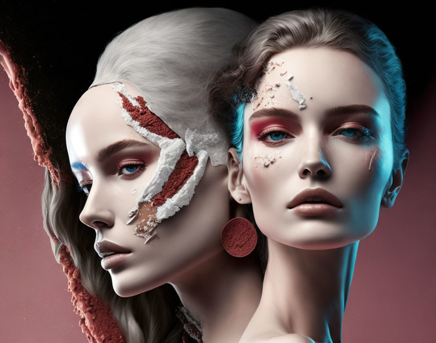 Close-up of two female faces with contrasting art makeup against a shaded background