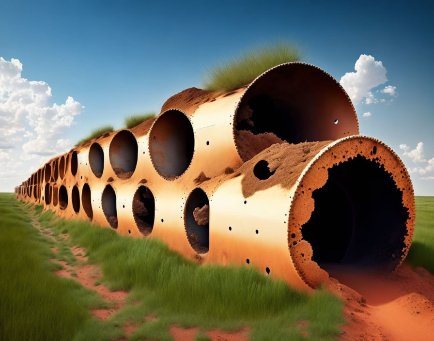 Abandoned rusty pipes in grass field under blue sky