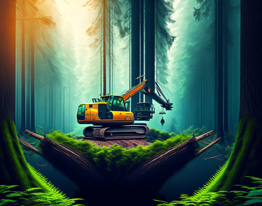 Yellow excavator on fallen log in misty forest with light beams