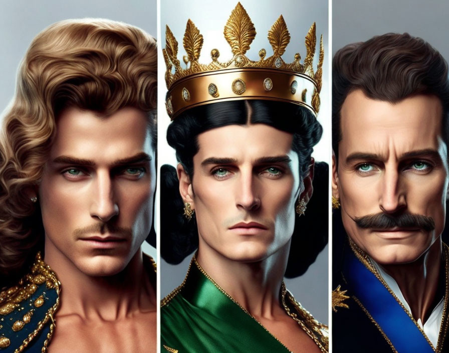 Stylized portraits of regal men with elaborate hairstyles and royal attire