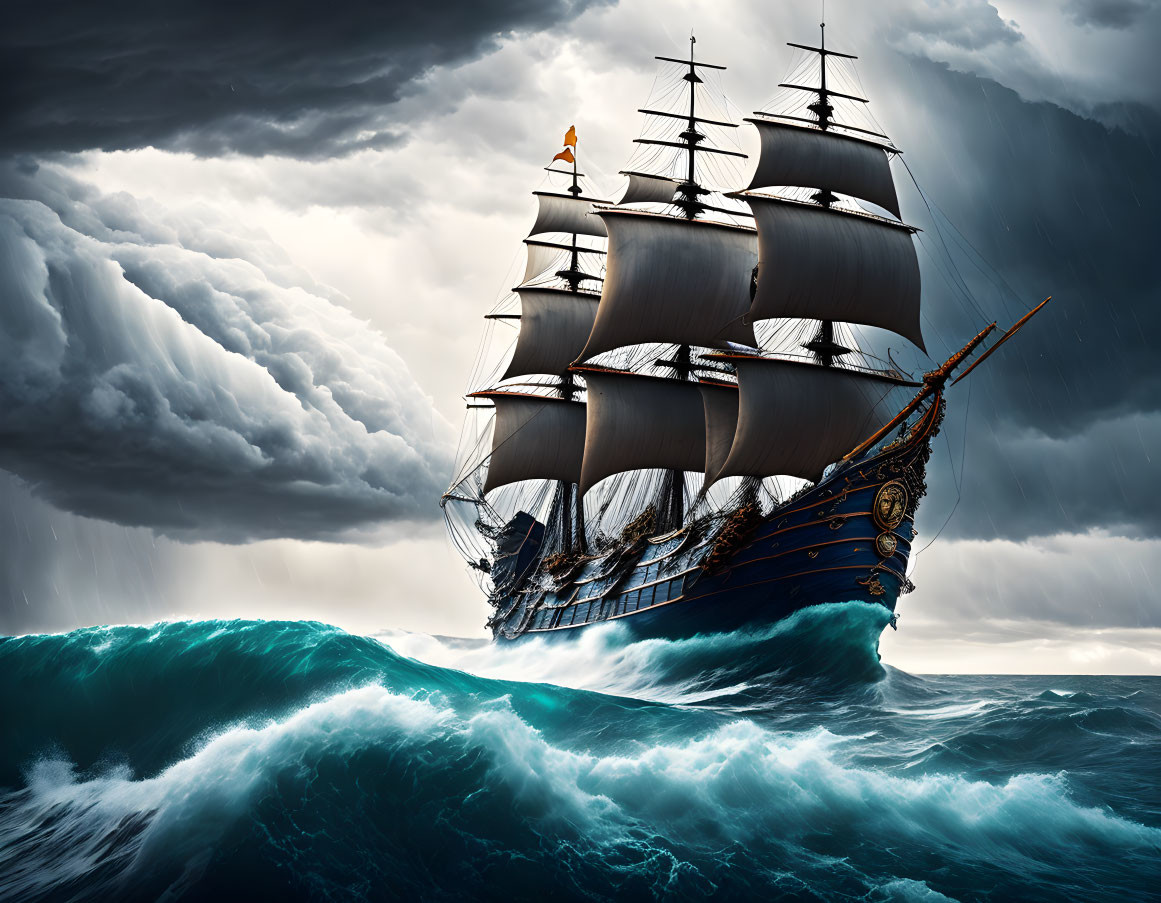 Sailing ship with multiple masts in turbulent seas