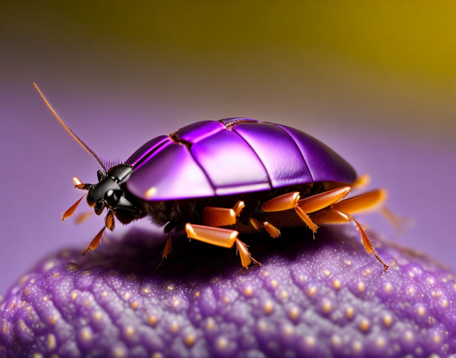 Vibrant purple and orange metallic beetle on textured surface