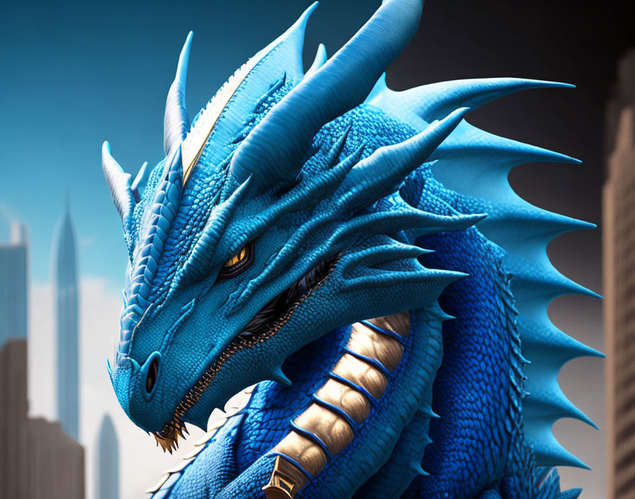 Blue dragon with scales and horns over city skyline in fantasy art.