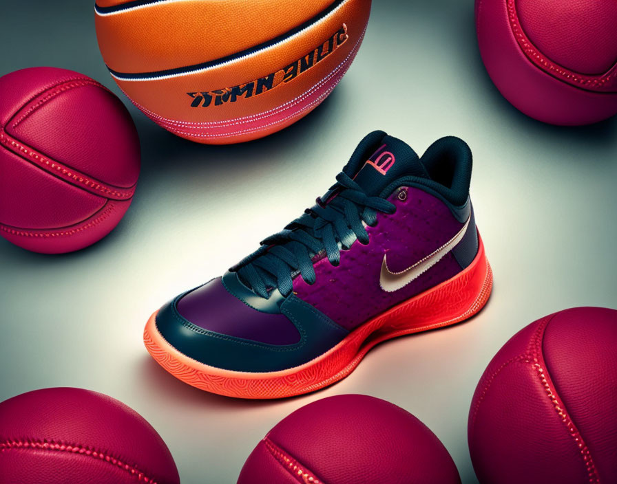 Purple and Orange Basketball Shoe Among Basketball Balls on Gray Surface