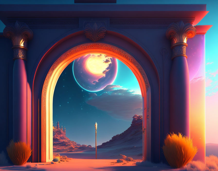 Moonlit desert archway with torch and vibrant flora under gradient sky