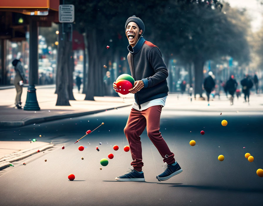 Person laughing with bowling ball among colorful balls on city street