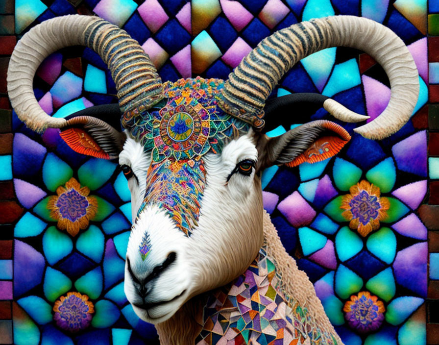 Colorful mosaic ram artwork on multicolored background