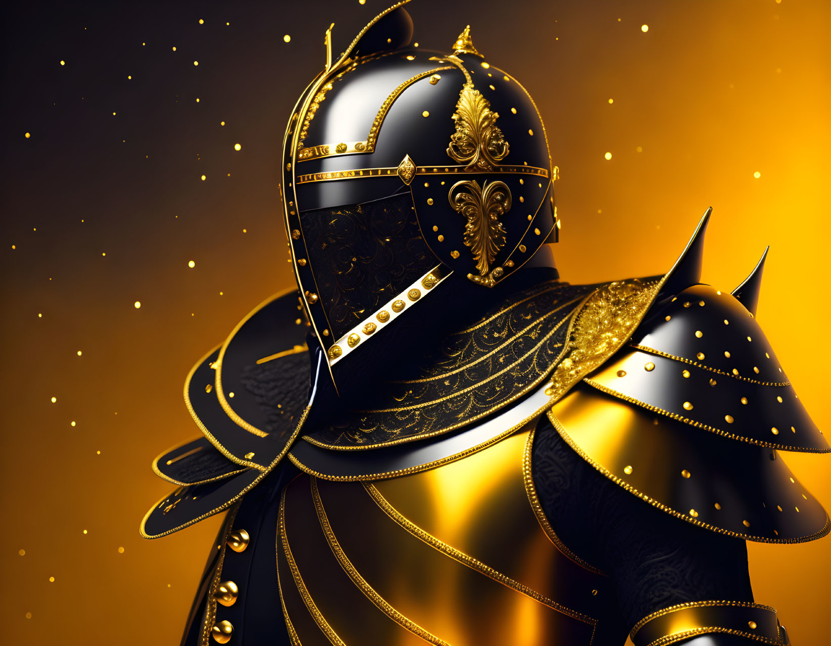 Detailed illustration: Knight in black and gold armor on golden background with sparks