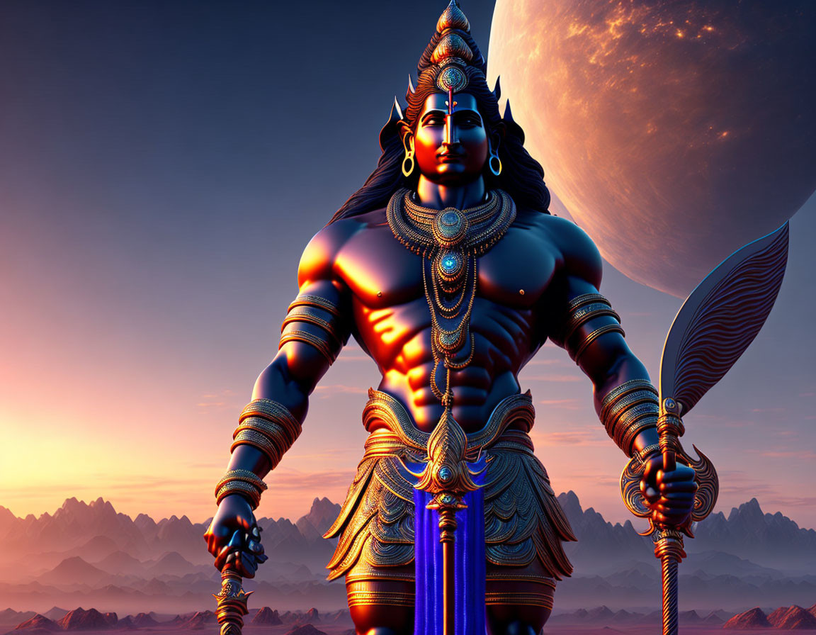 Blue-skinned multi-armed character in ornate attire against moonlit mountains