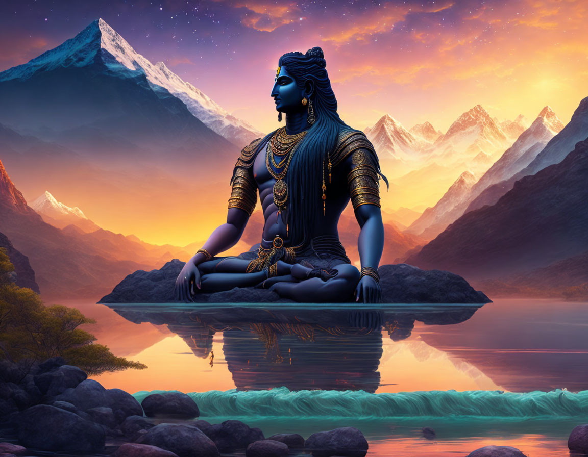 Blue-skinned figure meditating by serene lake at sunset