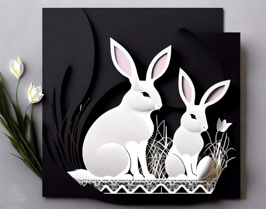 Monochromatic paper art: Two white rabbits, grass, flowers, and egg on dark background