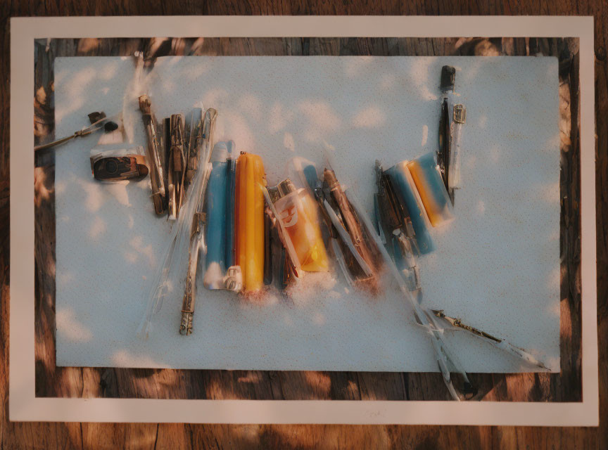 Art supplies in snow on wooden surface under sunlight