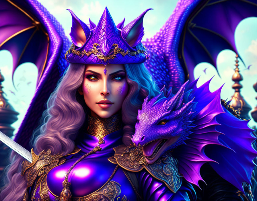 Fantasy illustration of woman and dragon with purple scales and gold adornments