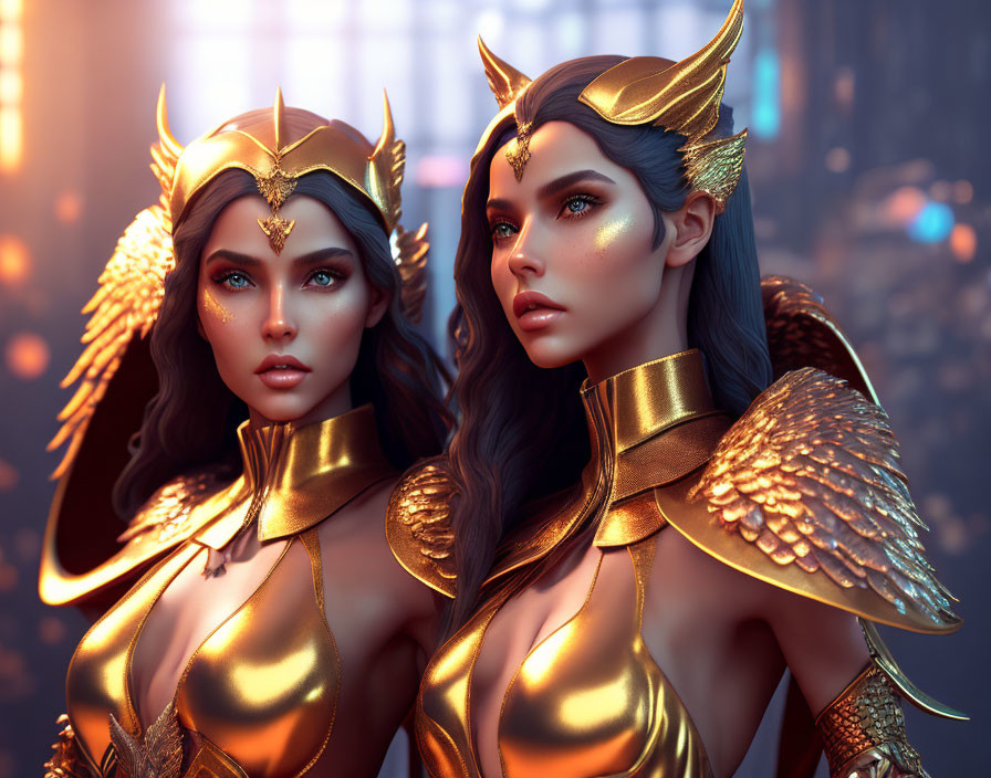 Golden armored female warriors with winged helmets in glowing cityscape background