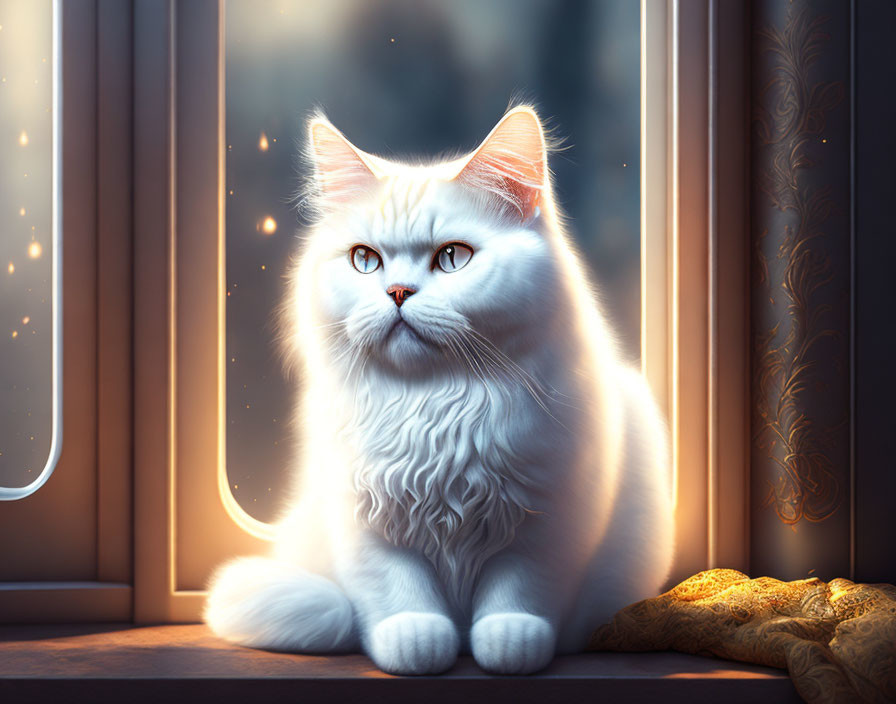 Fluffy White Cat with Amber Eyes by Sunlit Window