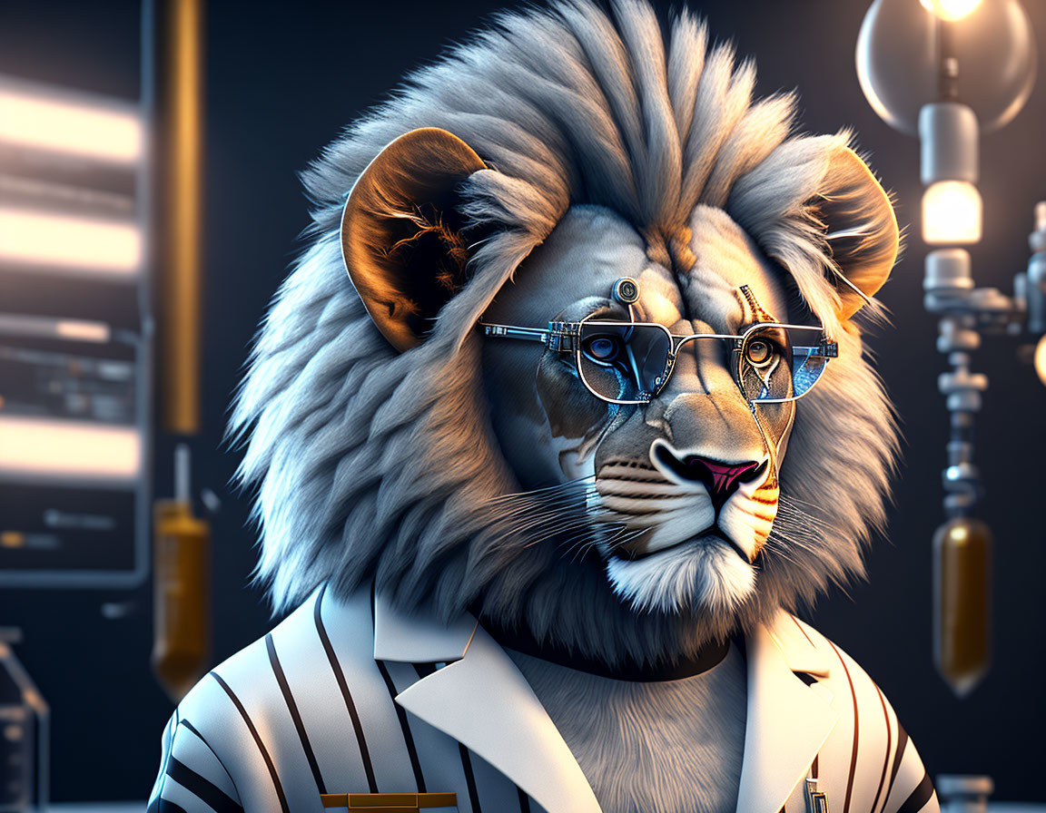 Anthropomorphic lion in glasses and striped suit in laboratory setting.