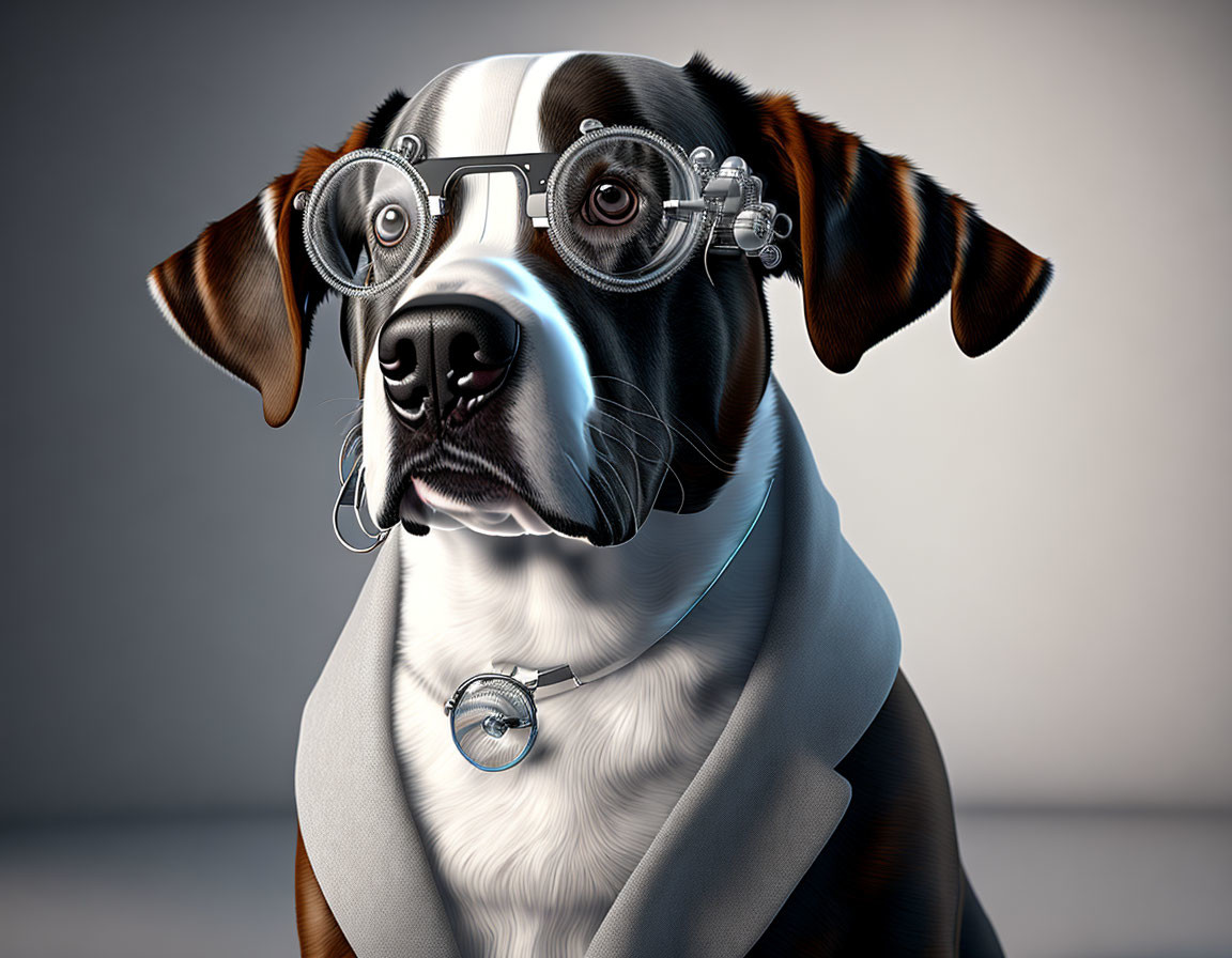 Dog illustration: serious expression, glasses, earpiece, metallic cloak