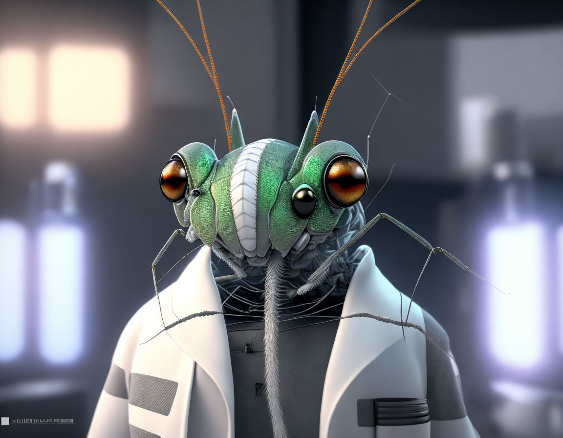 Detailed 3D illustration: anthropomorphic praying mantis in lab coat