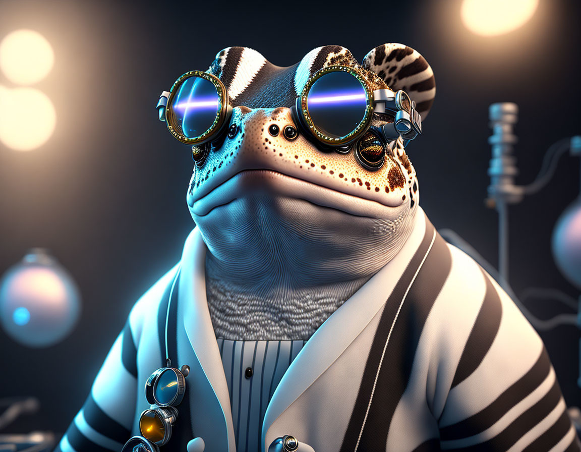 Anthropomorphic frog in steampunk attire with glowing orbs in dimly lit room