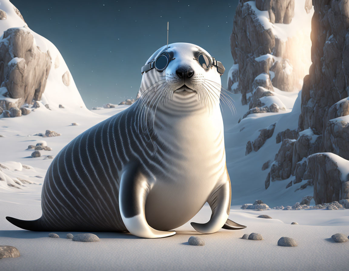 Anthropomorphic seal digital illustration on snowy landscape