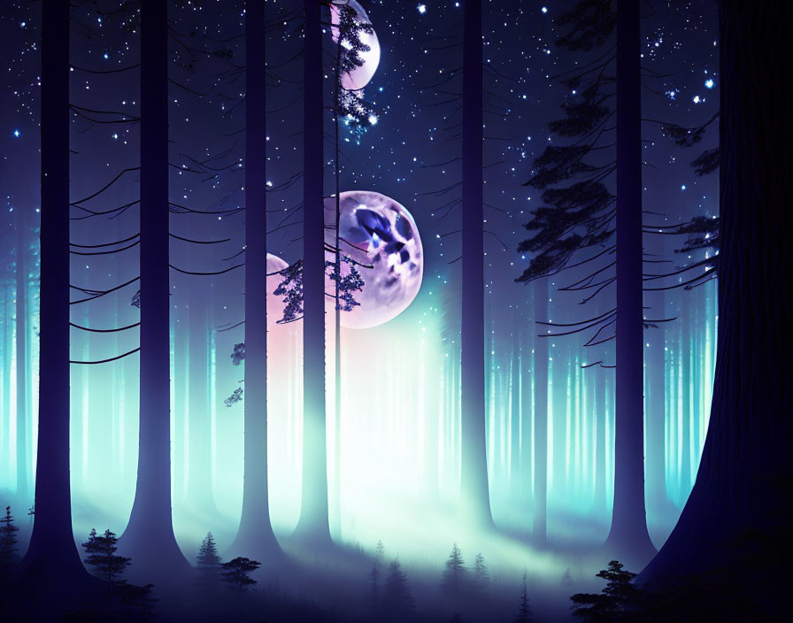 Enchanted Night Forest with Towering Trees and Glowing Moons