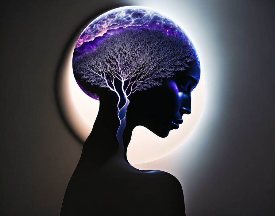 Silhouette of person with tree and cosmic imagery on head against glowing circle.