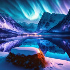 Person admiring aurora borealis over snowy hill and mountain lake village at twilight