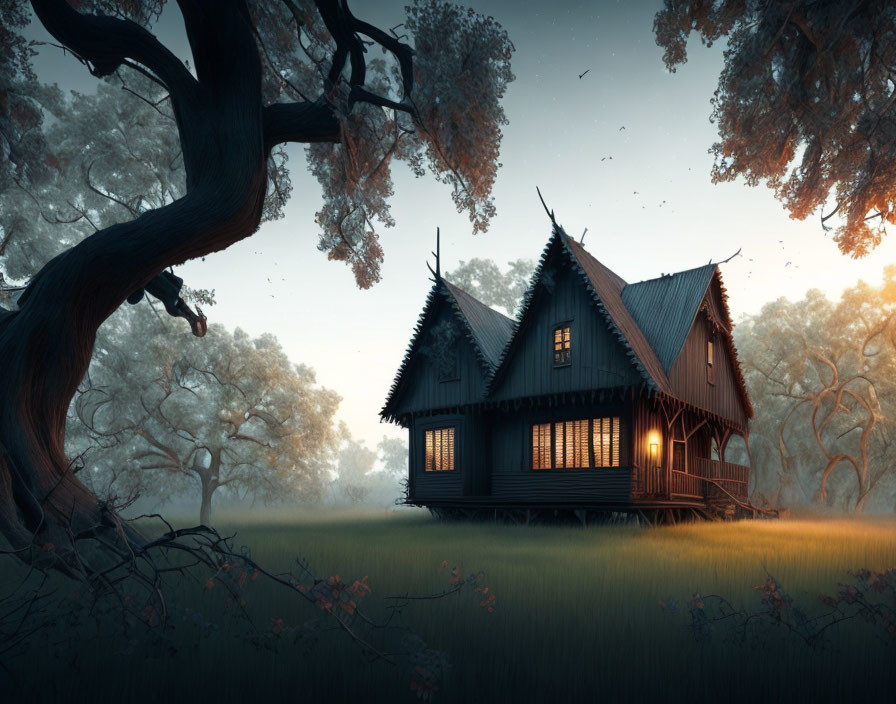 Tranquil forest clearing with cozy lit house at twilight