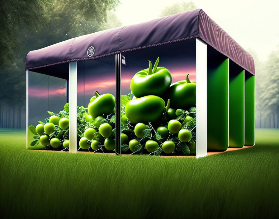 Surreal image: Tent filled with giant green apples in grassy field