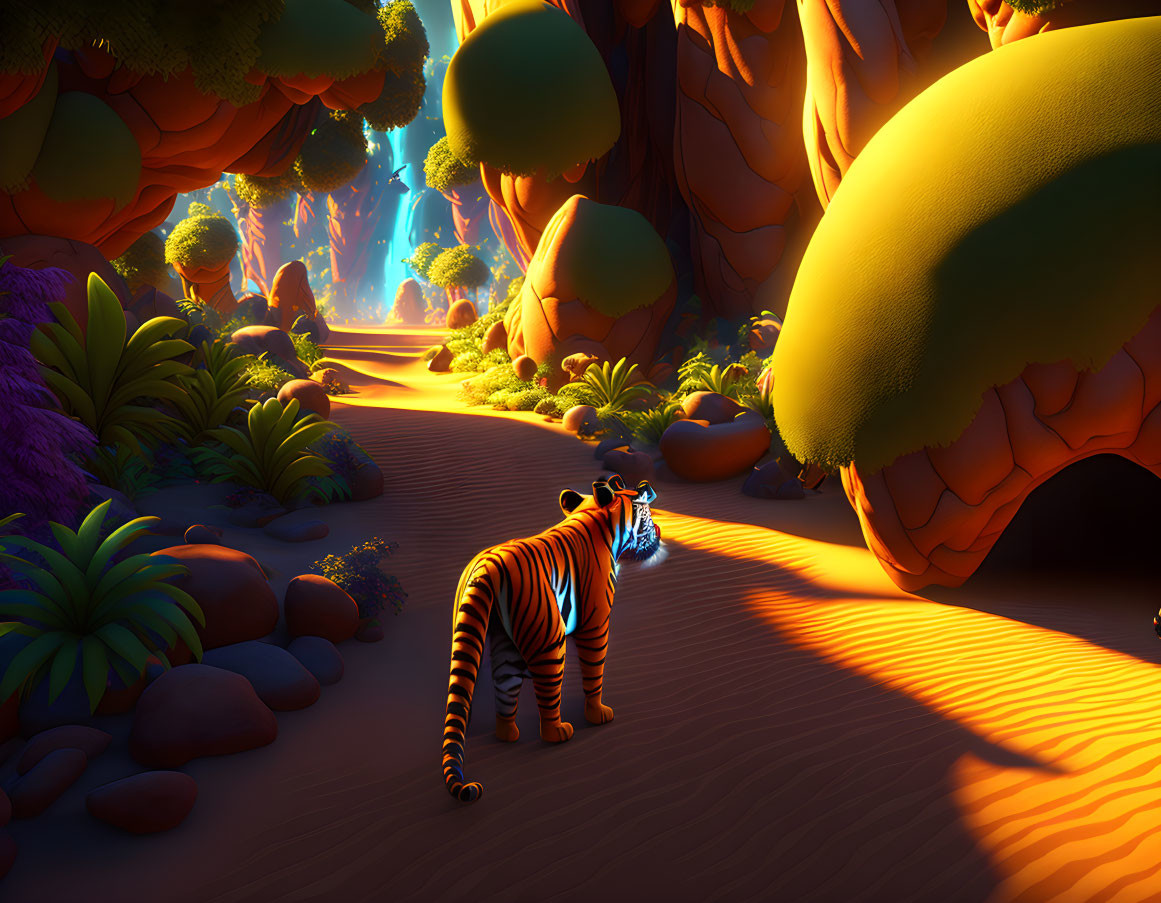 Colorful fantasy landscape with stylized tiger and lush vegetation