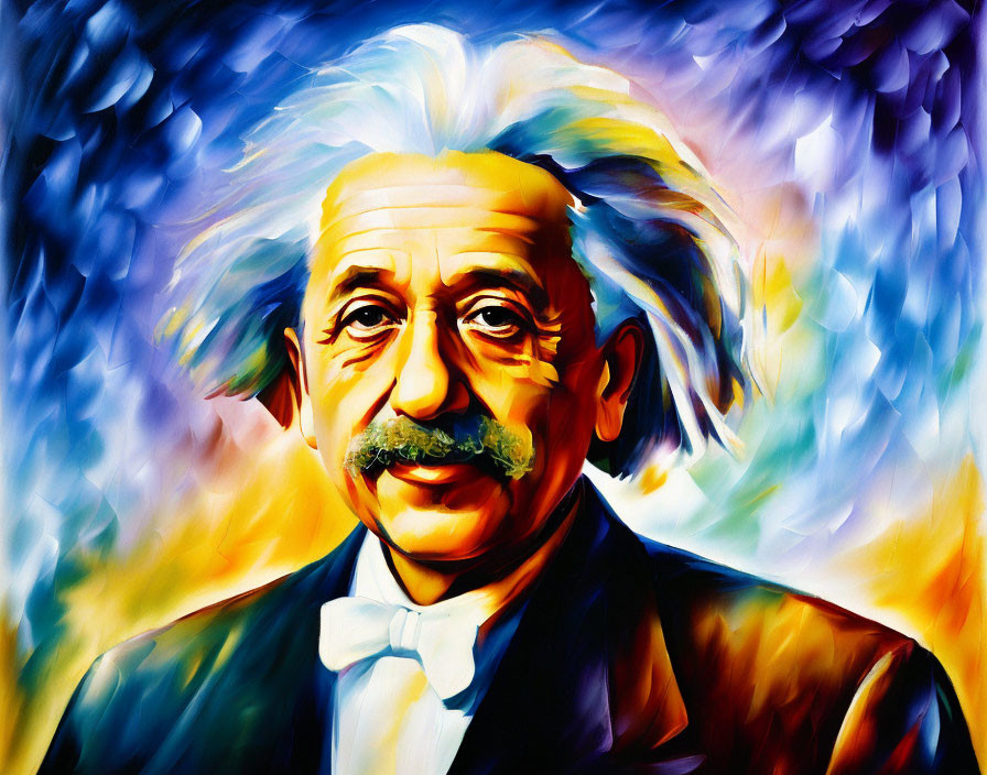 Colorful portrait of man with wild hair and mustache against vibrant abstract background