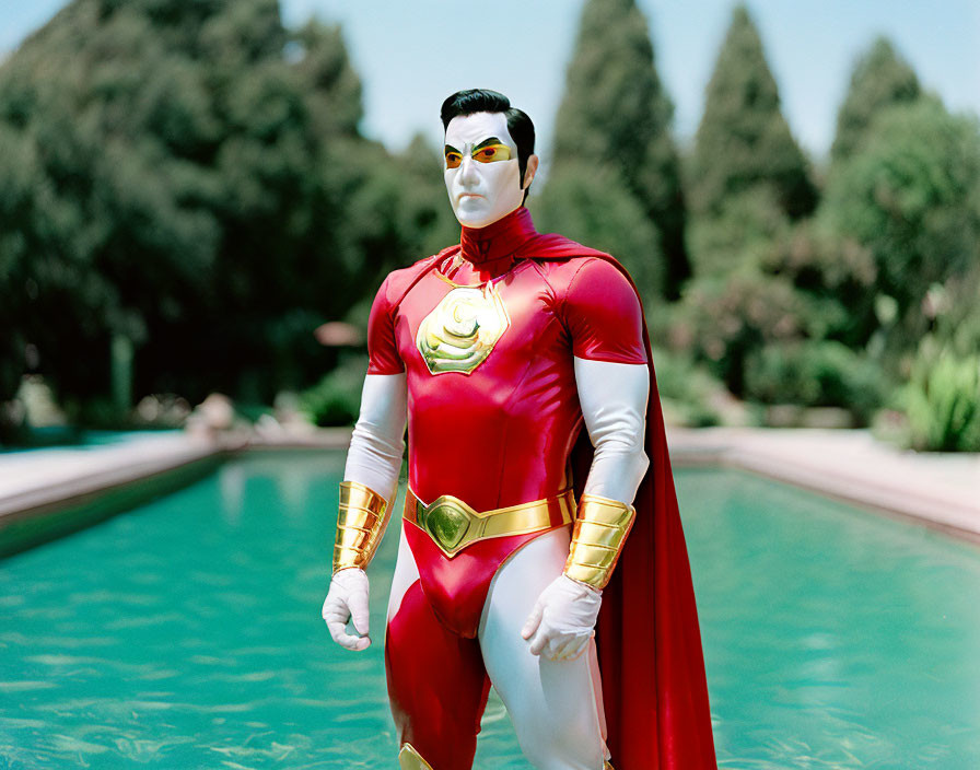 Vibrant red and gold superhero costume by a pool